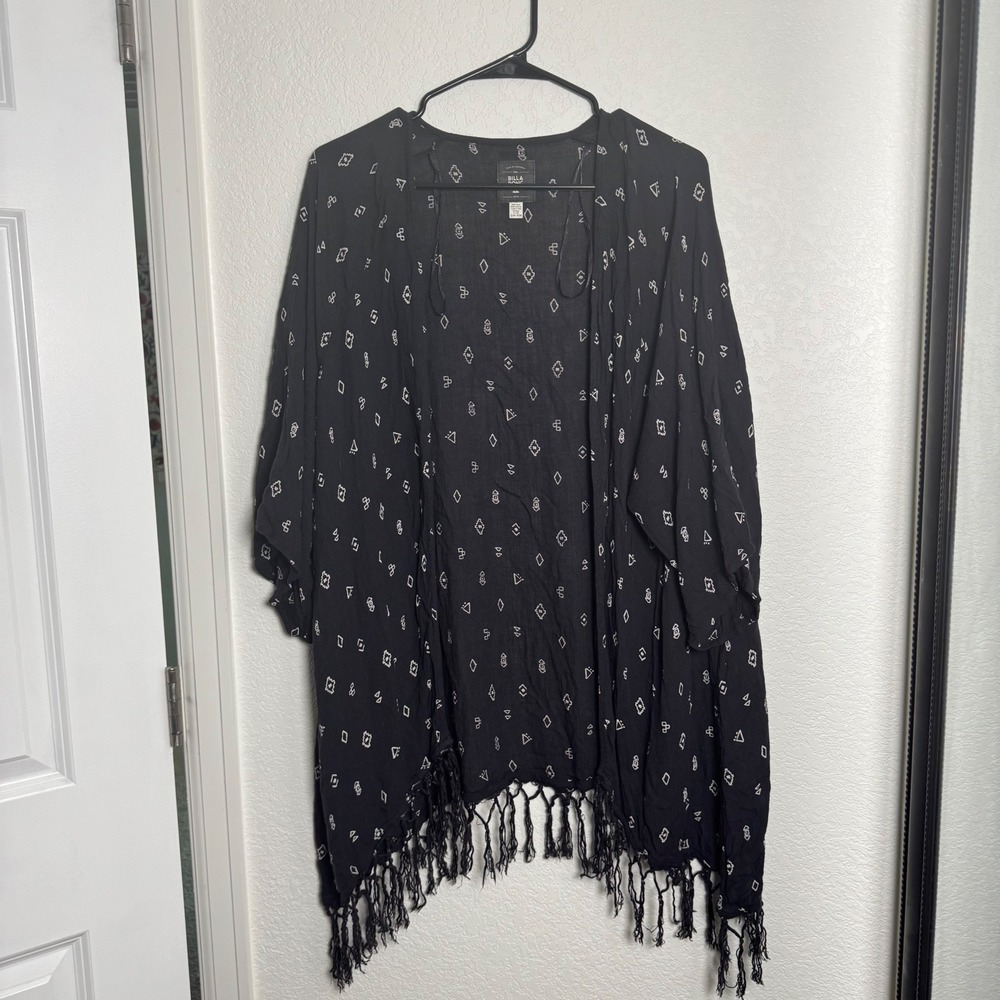 Billabong Kimono Womens S/M Black White Geometric Fringe Boho Cardigan